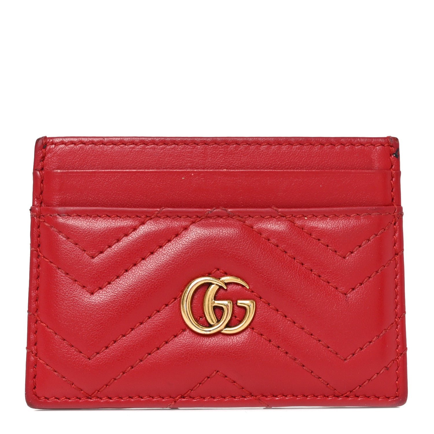 Gucci Calfskin Matelasse GG Marmont Card Holder Hibiscus Red