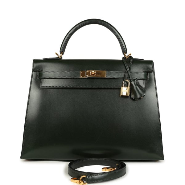 Hermes Pre-owned Hermes Kelly Sellier 32 Vert Fonce Box Gold Hardware