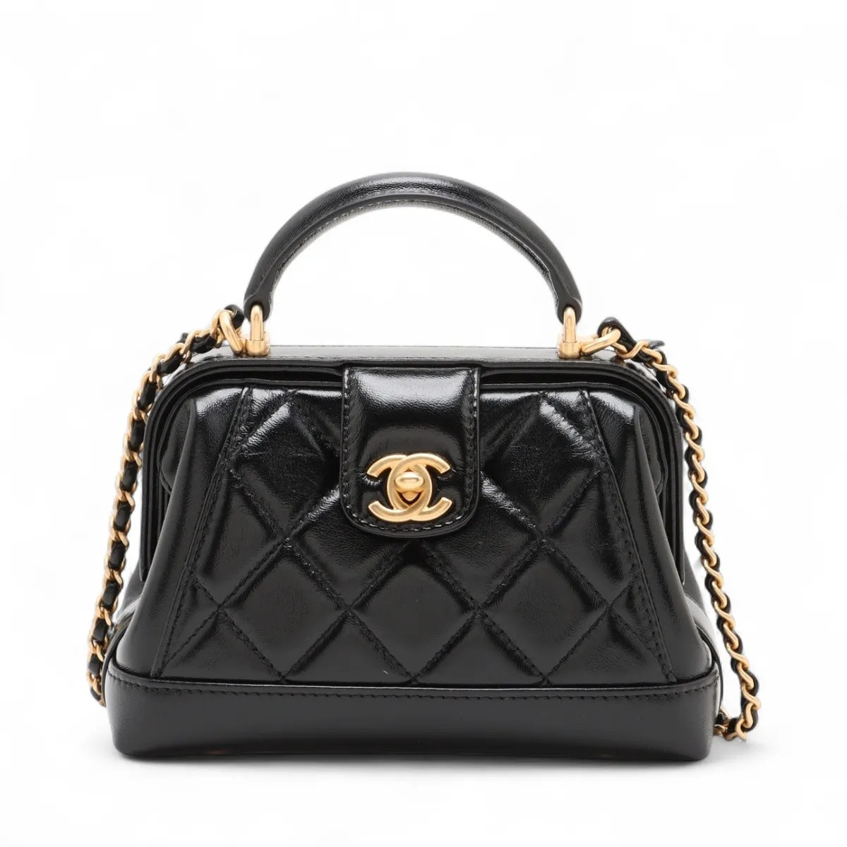 Chanel Matelasse Leather 2 Way Handbag Black Gold Metal Fittings random serial A