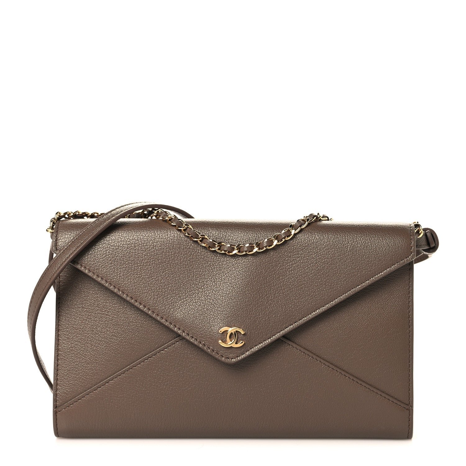 Chanel Grained Goatskin Envelope Clutch With Chain Light Brown