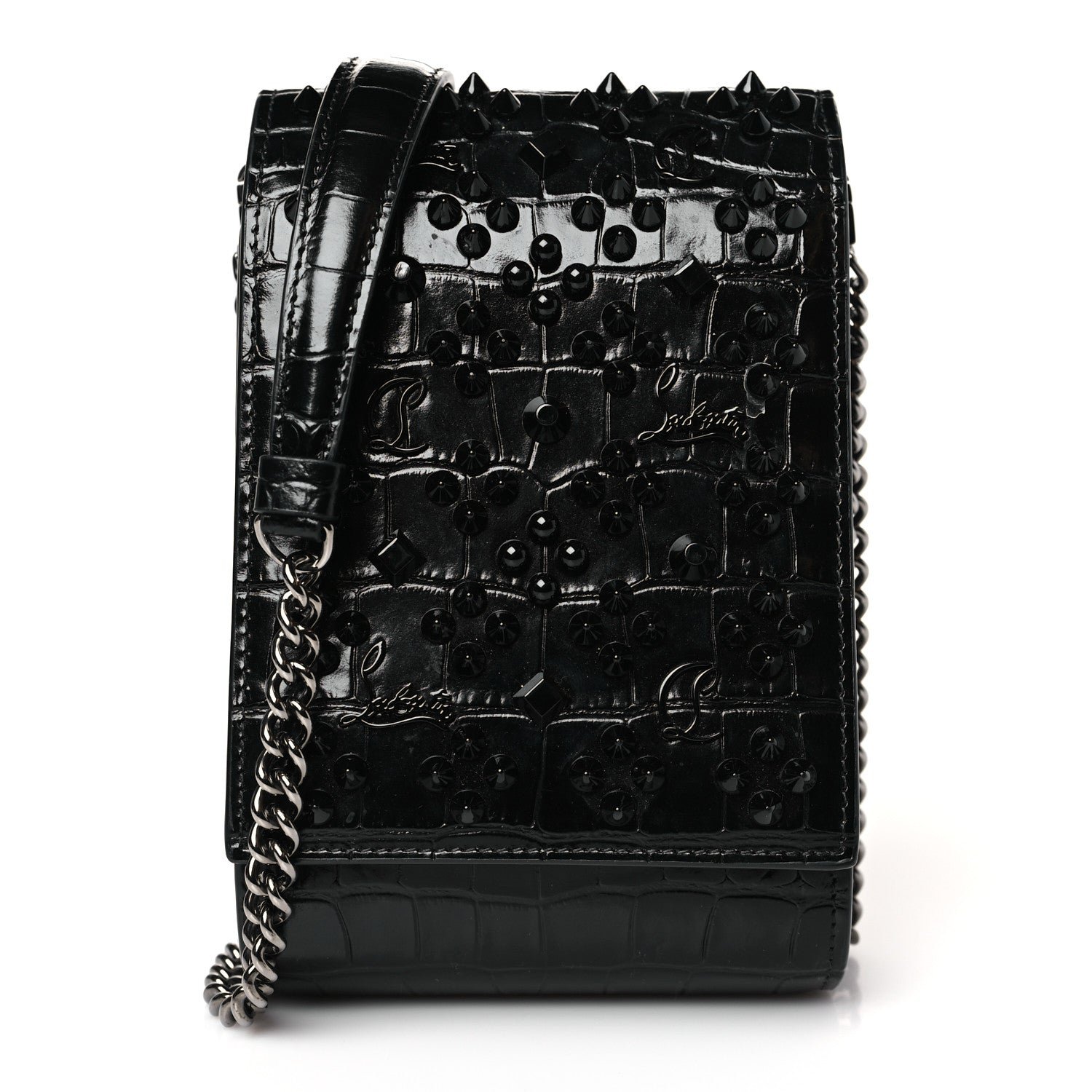 Christian Louboutin Crocodile Embossed Calfskin Spikes Loubinthesky Paloma Crossbody Phone Case Black