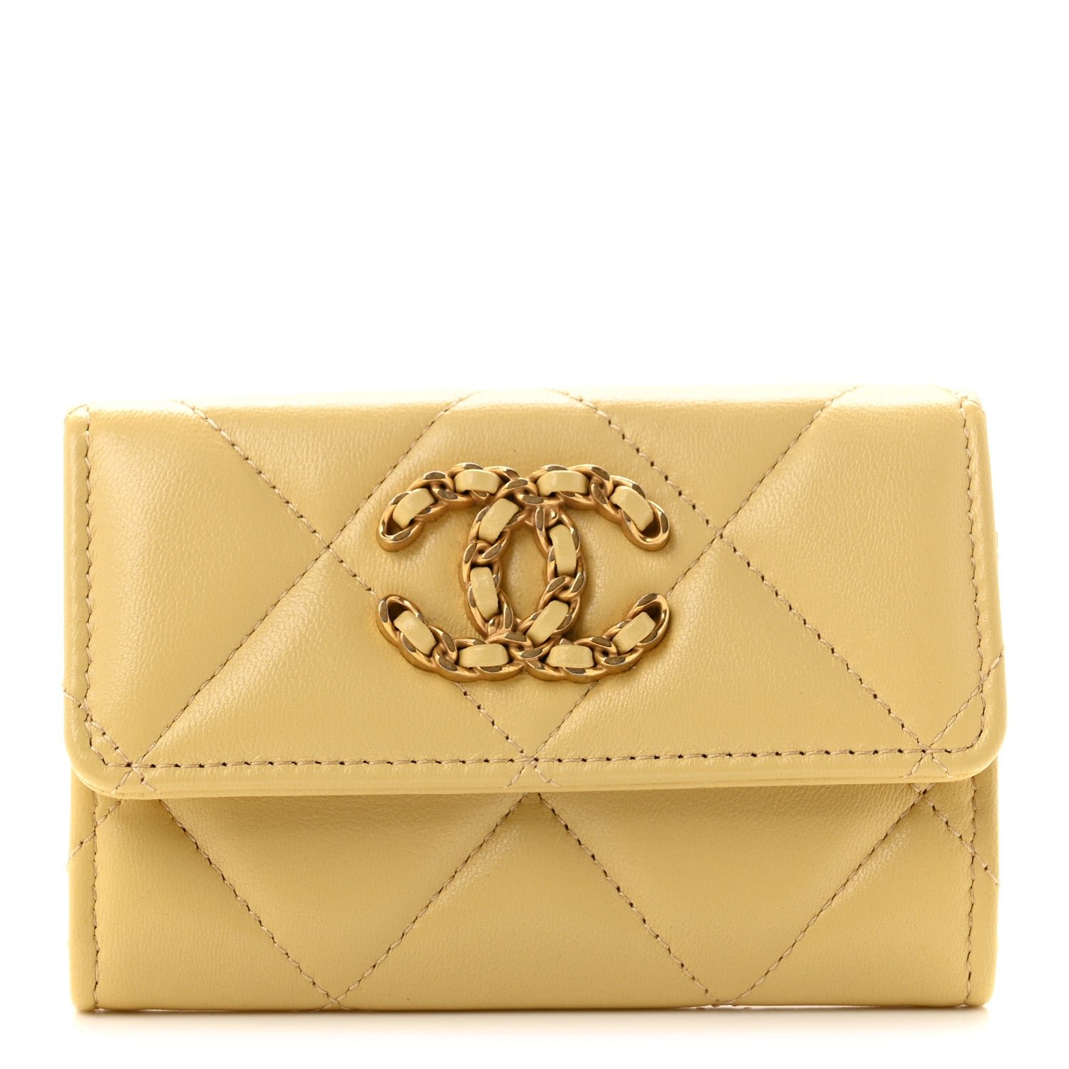 Chanel Lambskin Quilted Chanel 19 Flap Card Holder Yellow