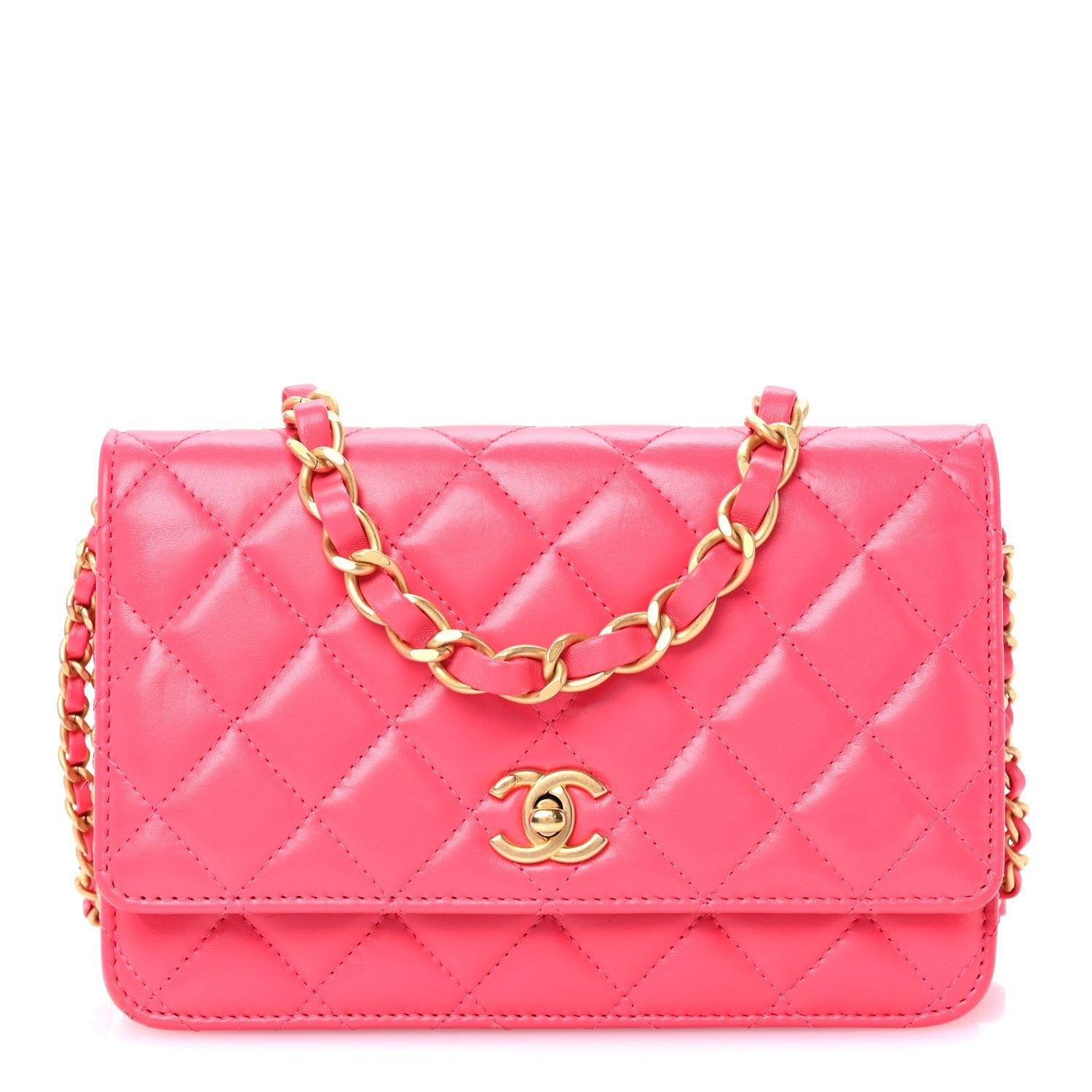 Chanel Lambskin Enamel Quilted CC Wallet on Chain WOC Pink