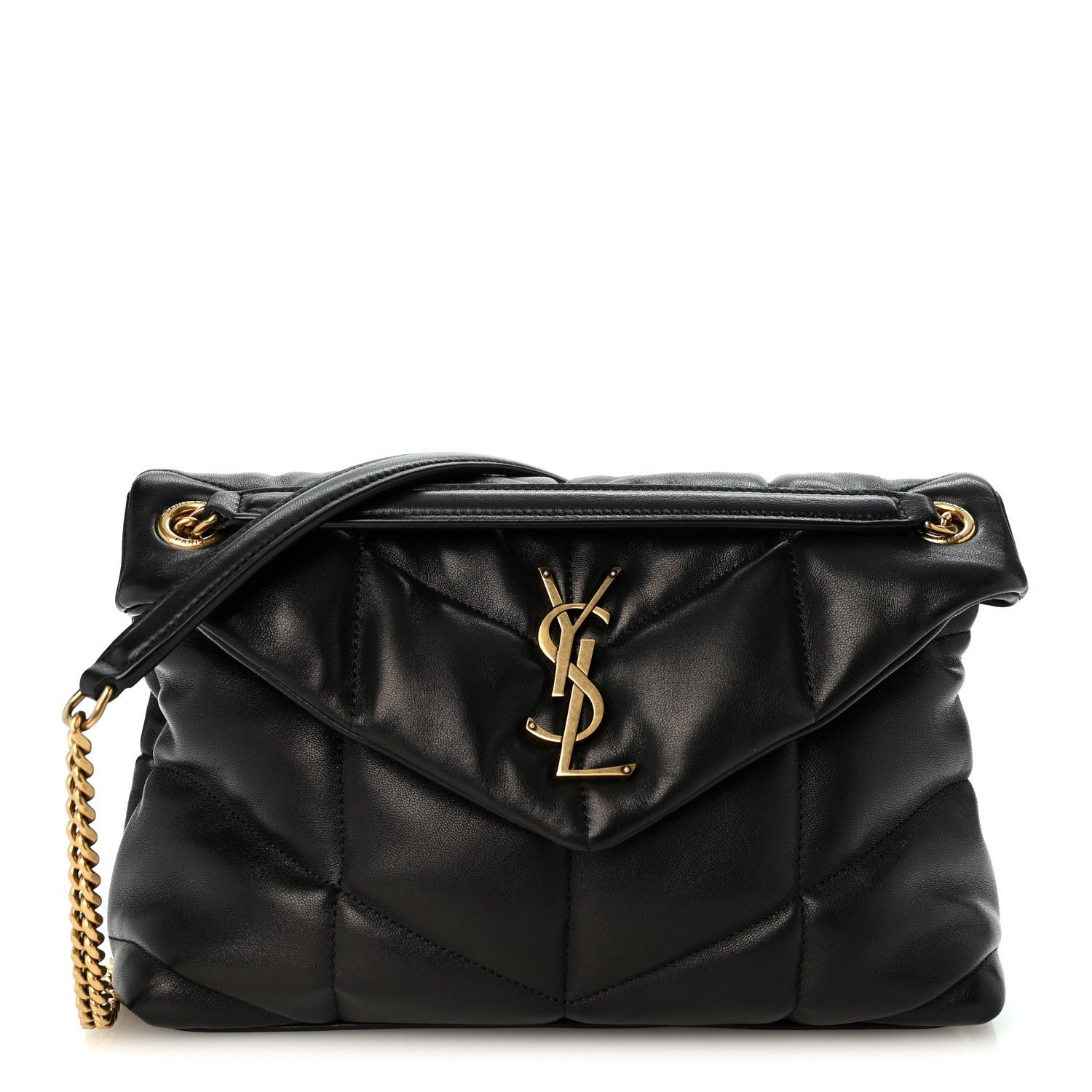 Saint Laurent Lambskin Quilted Small Loulou Puffer Monogram Chain Satchel Black