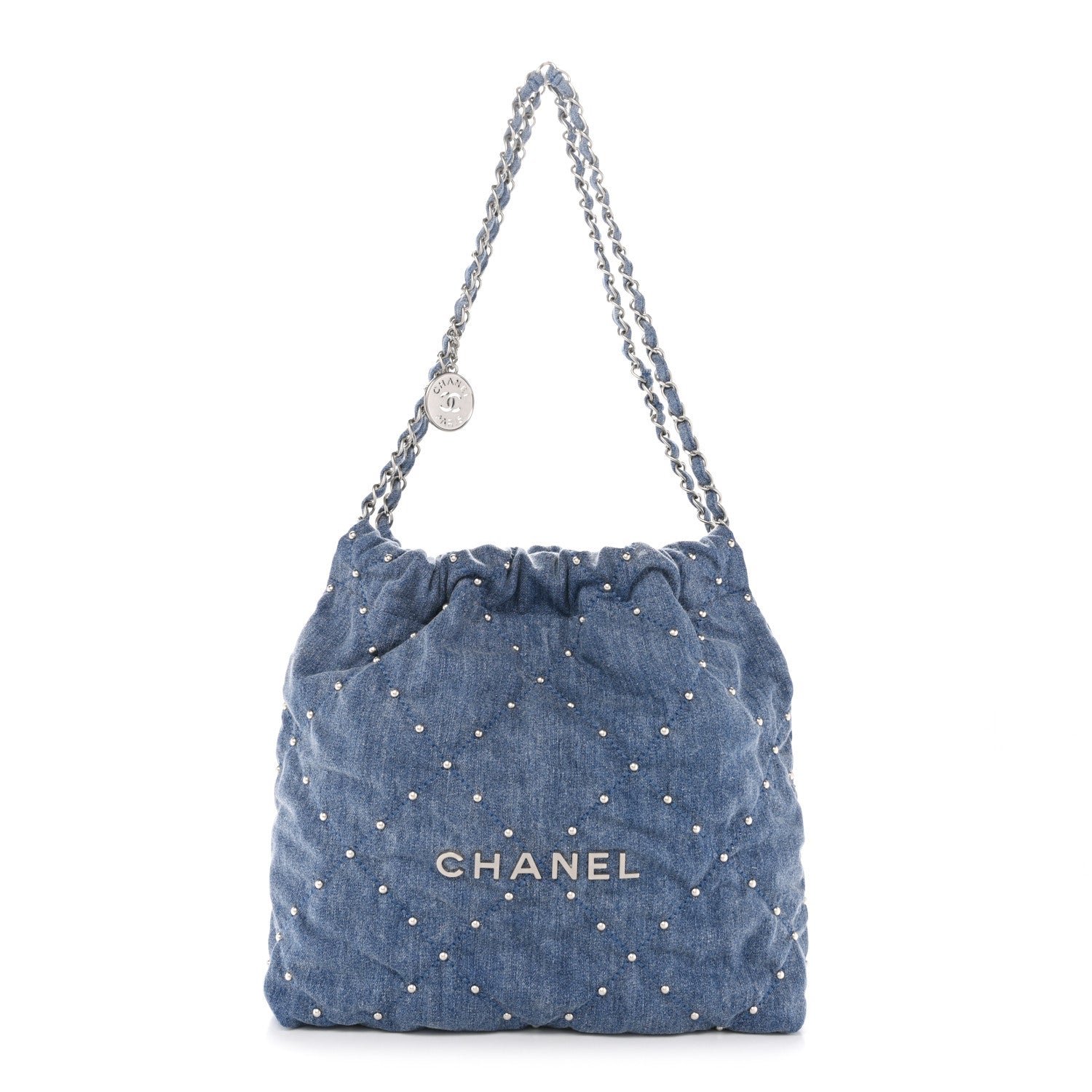 Chanel Washed Denim Quilted Studded Small Chanel 22 Blue