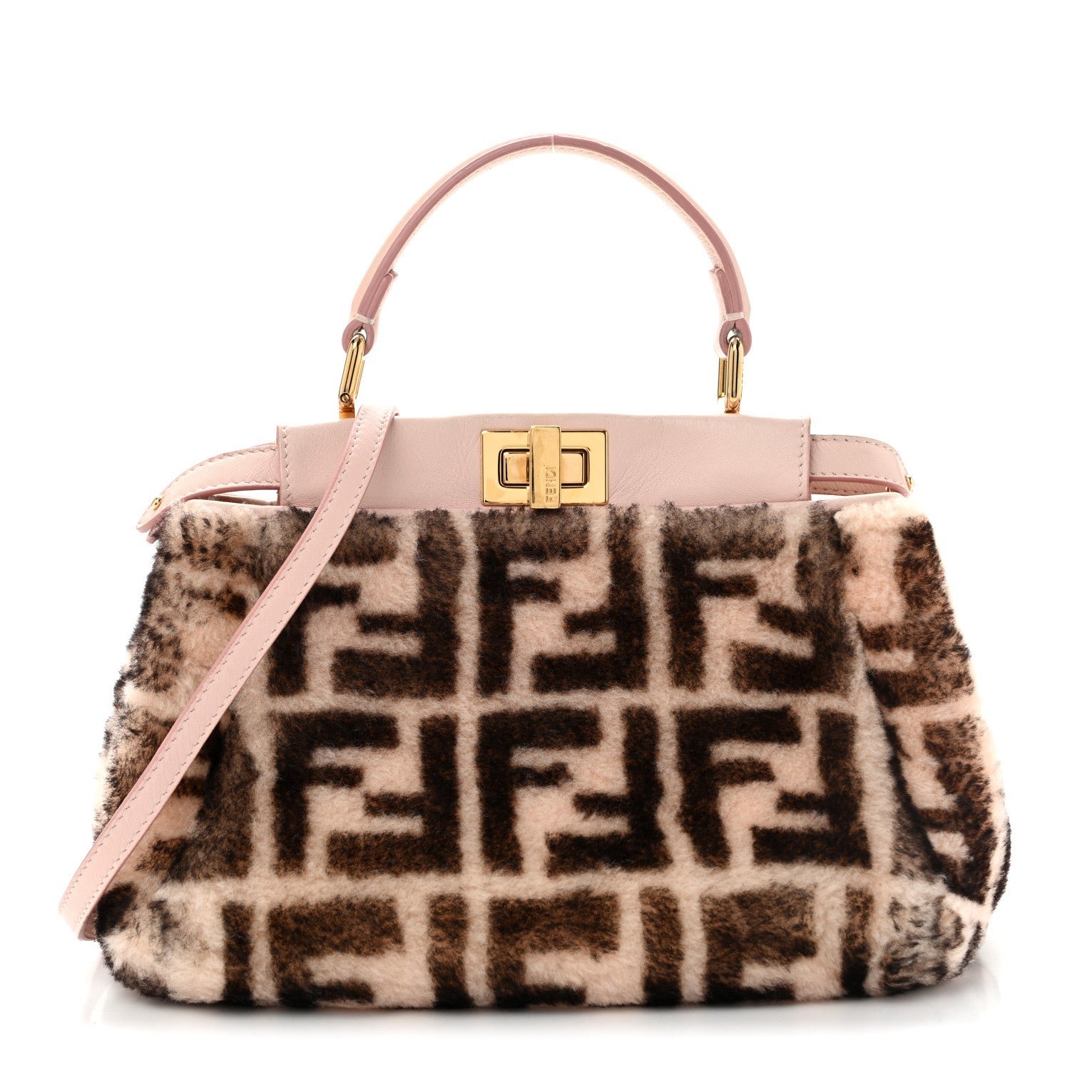 Fendi Shearling Nappa Macro FF 1974 Mini Peekaboo Iconic Satchel Light Rose Black