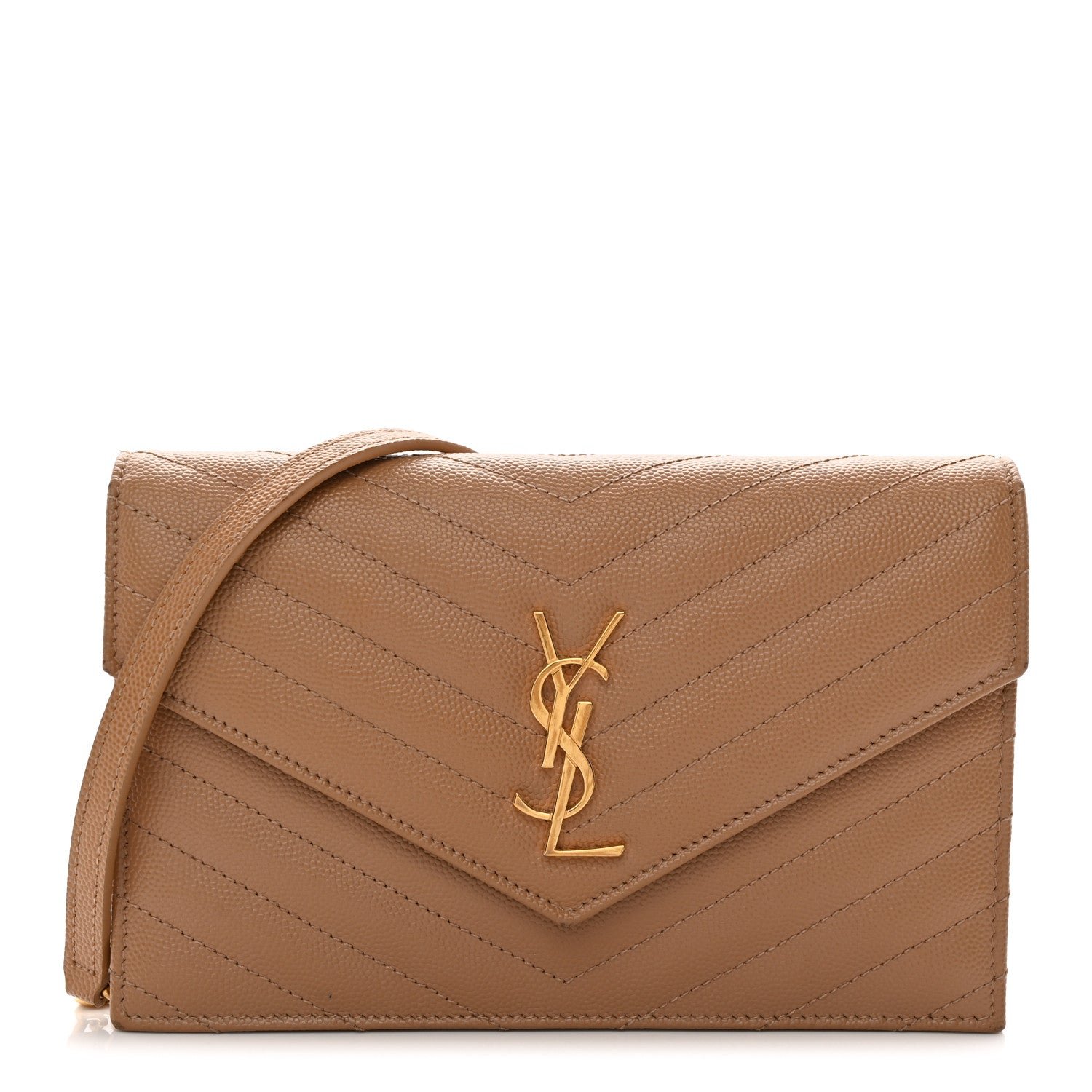 Saint Laurent Grain De Poudre Matelasse Chevron Monogram Envelope Chain Wallet Cork