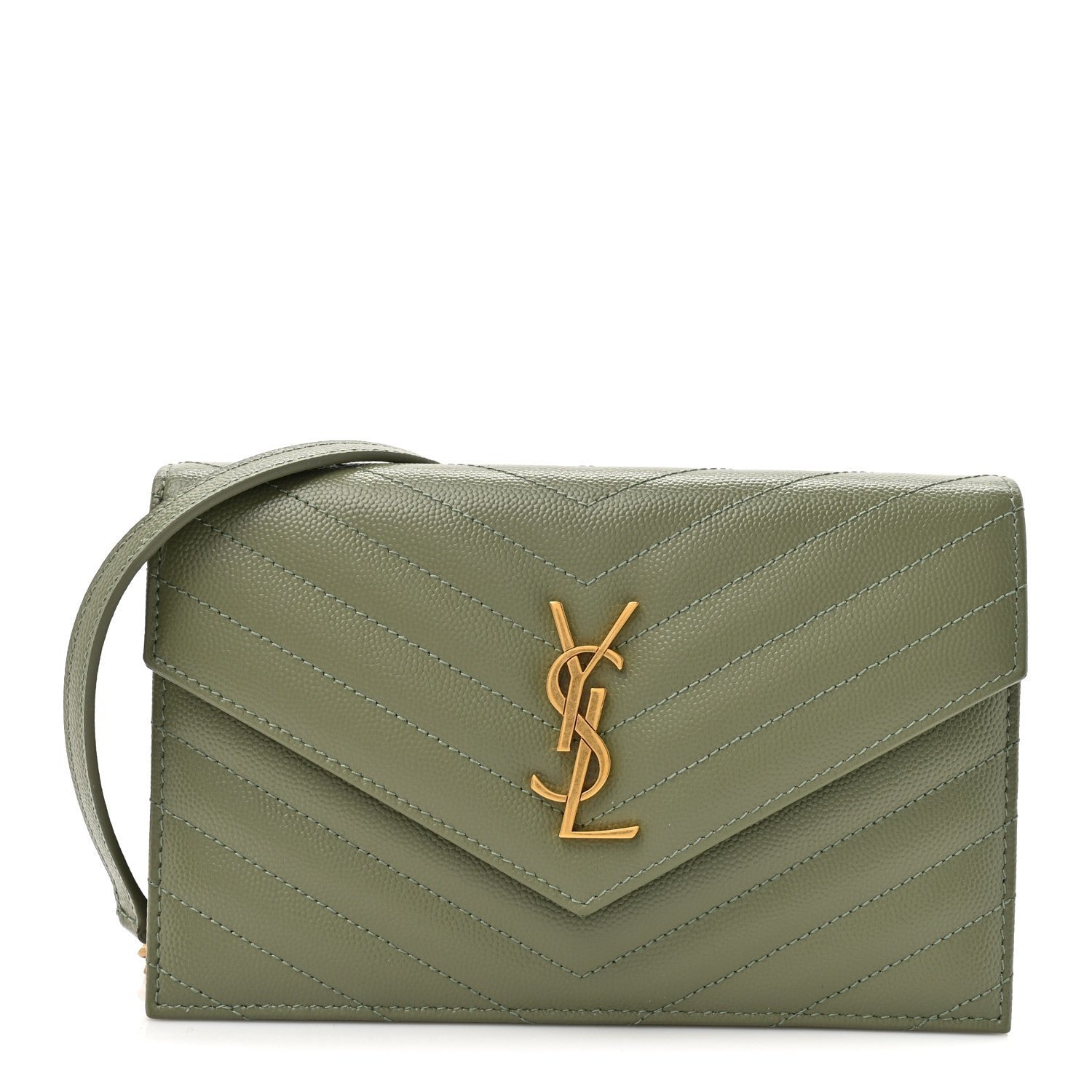 Saint Laurent Grain De Poudre Matelasse Chevron Monogram Envelope Chain Wallet Light Sage
