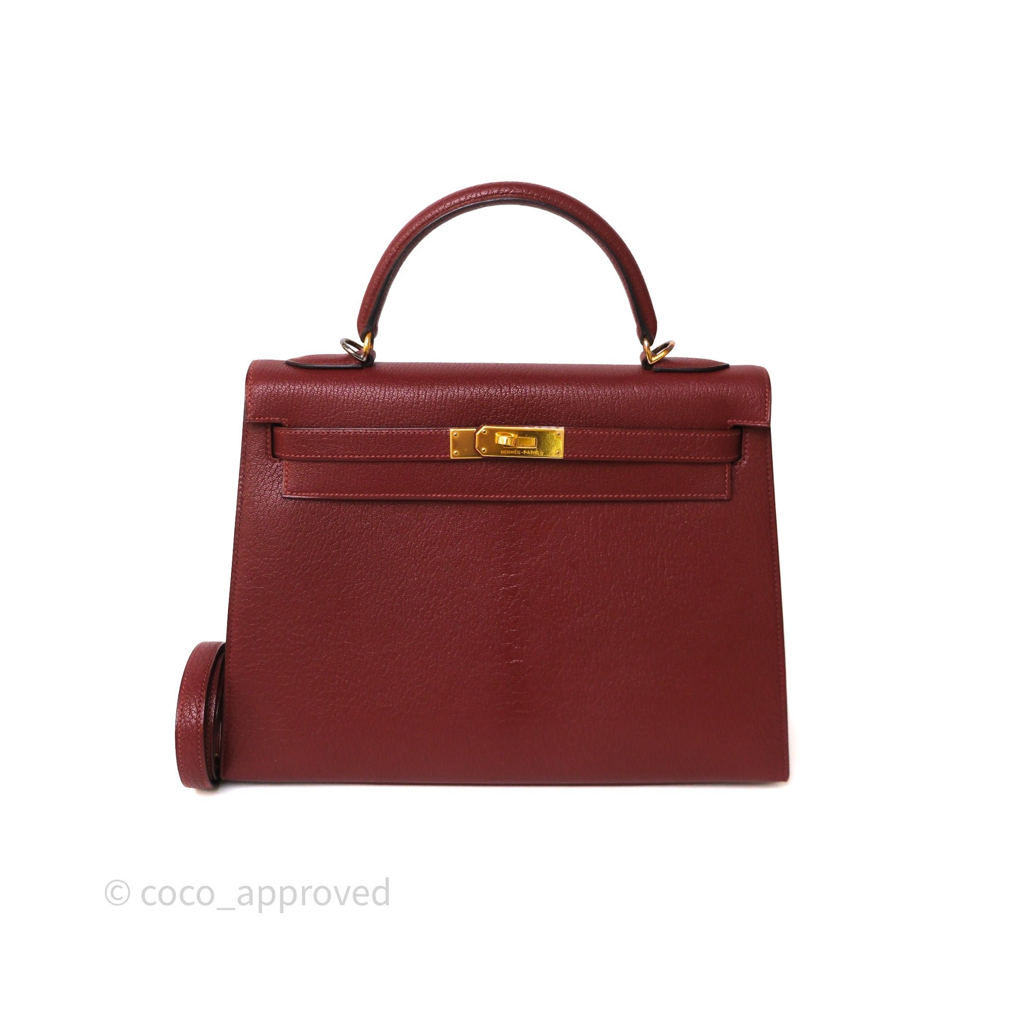 Hermès Kelly 32 Sellier Rouge H 46 Chevre Mysore Gold Hardware