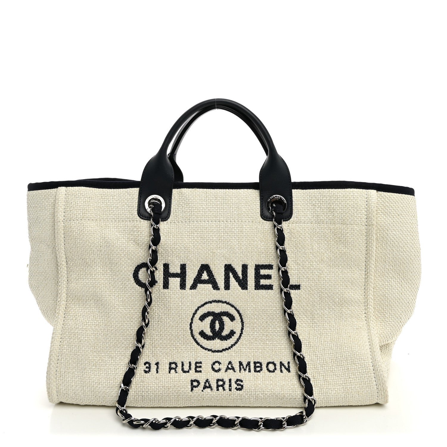 Chanel Woven Straw Raffia Medium Deauville Tote White Navy