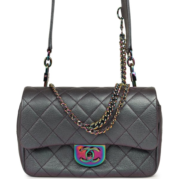 Pre-owned Chanel Small Double Carry Waist Chain Flap Bag Purple Iridescent Goatskin Rainbow Hardware