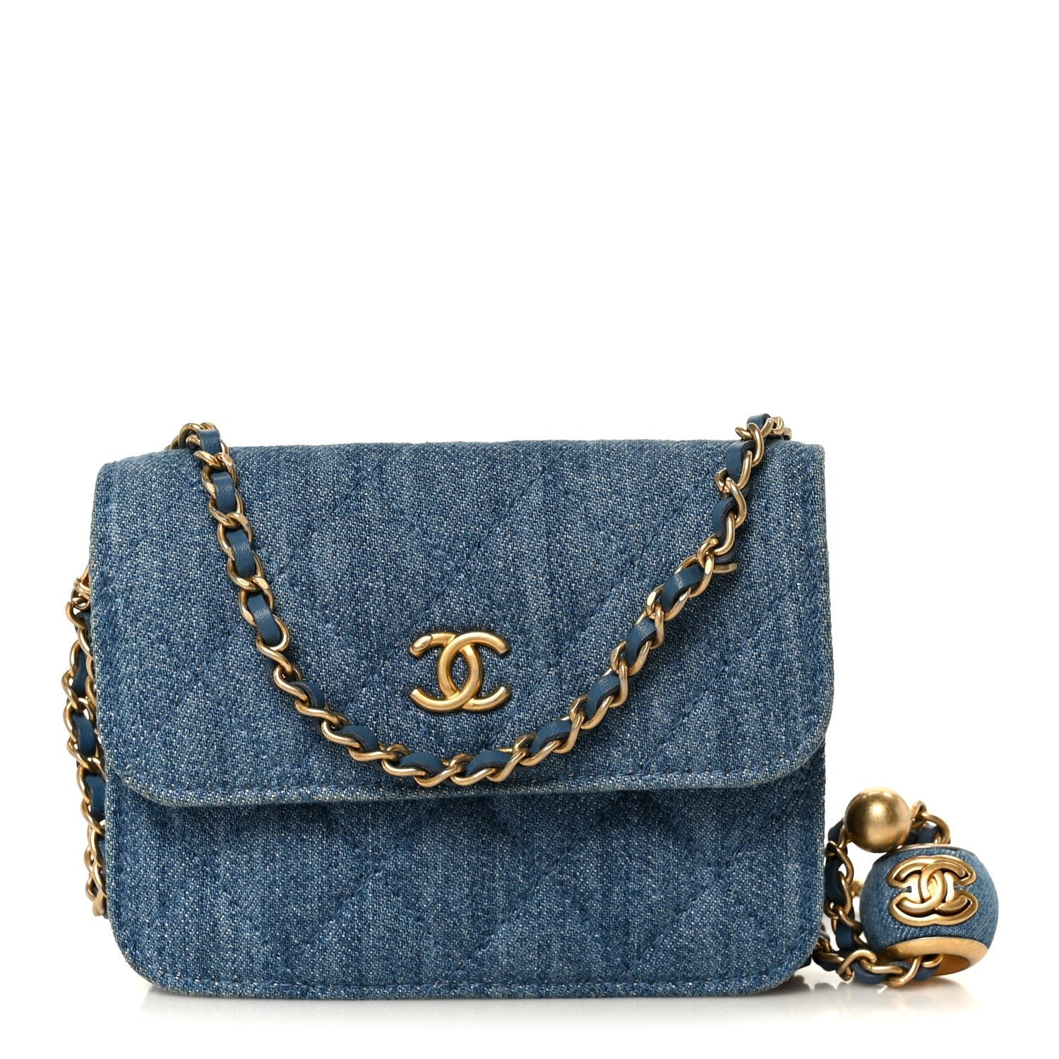 Chanel Denim Quilted CC Pearl Crush Clutch With Chain Blue