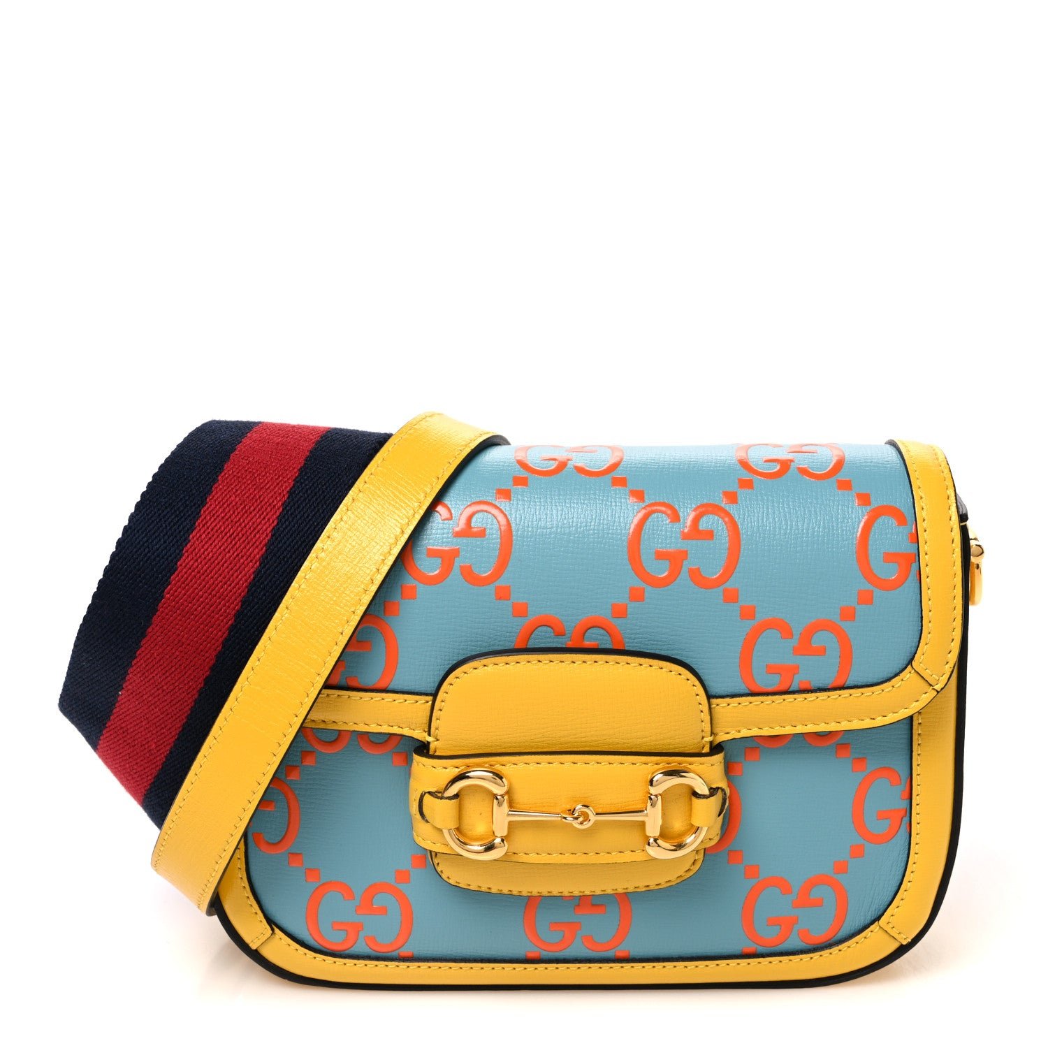 Gucci Azalea Calfskin GG Monogram Bi-Color Debossed Mini Horsebit 1955 Shoulder Bag Dusty Azure Stone Topaz Deep Orange