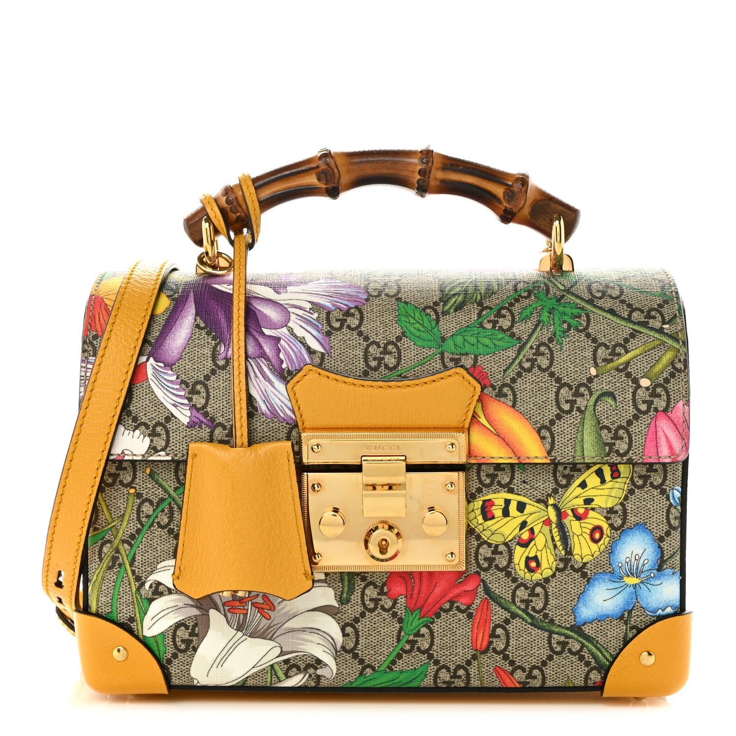 Gucci GG Supreme Monogram Flora Small Padlock Bamboo Shoulder Bag Beige Multicolor Crop