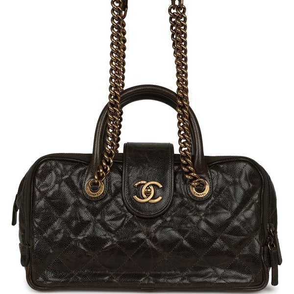 Chanel Paris-Bombay Shiva Bowling Bag Khaki Shiny Aged Crumpled Calfskin Antique Gold Hardware