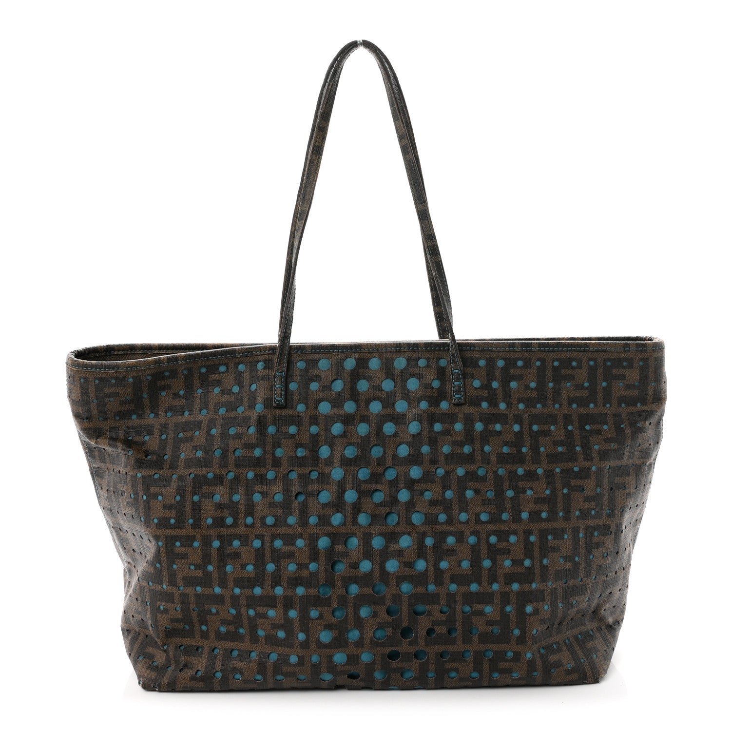 Fendi Zucca Spalmati Perforated Medium Roll Tote Tobacco Pavone