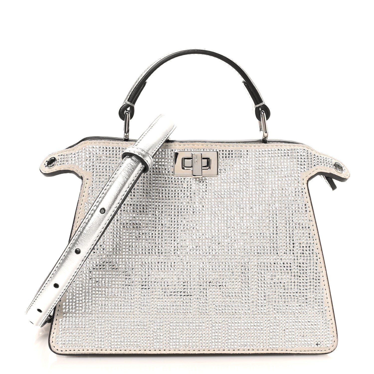 Fendi Crystal Vitello Laminato FF Petite Peekaboo I SEE U Satchel Crystal Argento