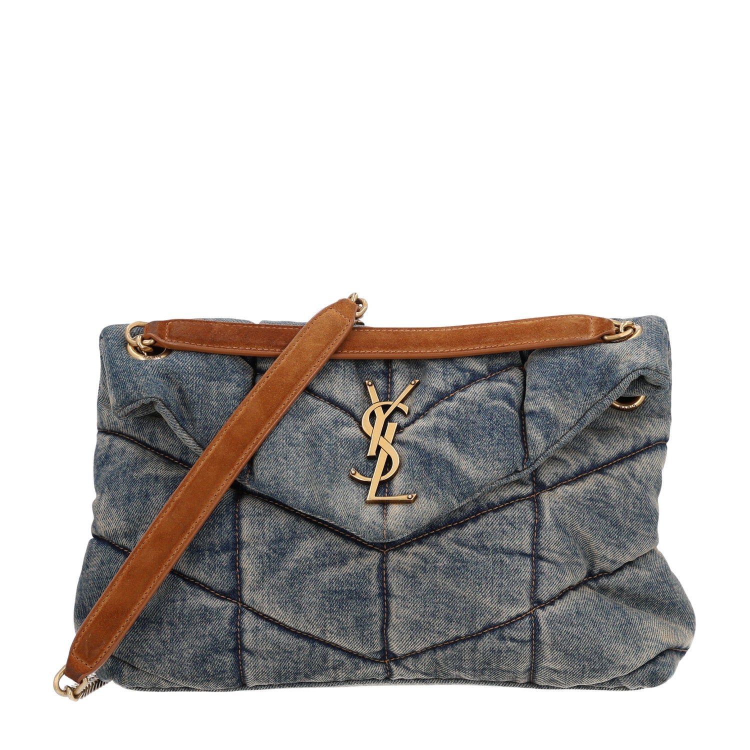 Saint Laurent Denim Quilted Small Loulou Puffer Monogram Chain Satchel Blue Cinnamon