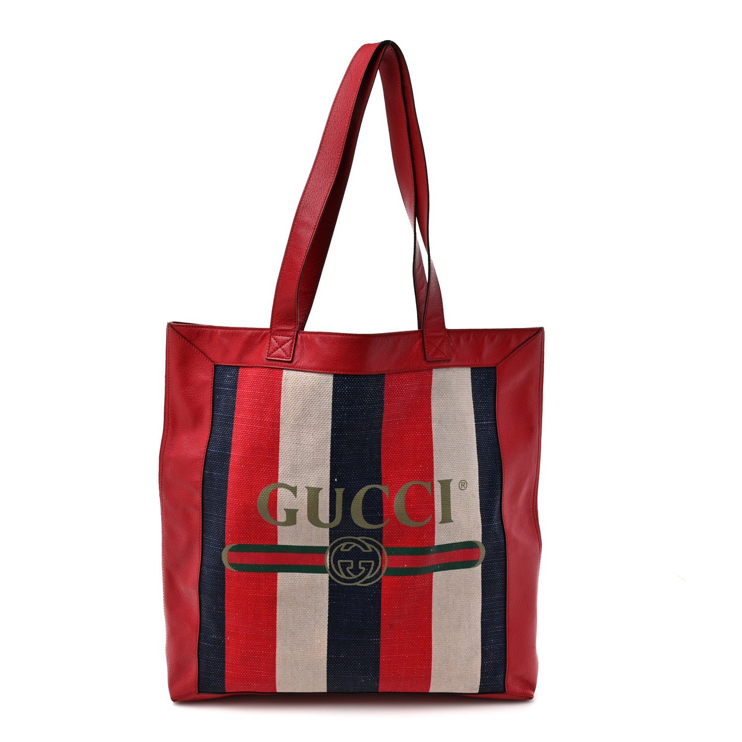 Gucci Canvas Calfskin Sylvie Stripe Logo Mens Tote Red White Blue