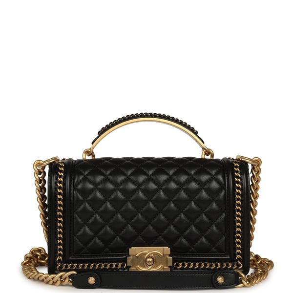 Chanel Medium Top Handle Braided Boy Bag Black Shiny Lambskin Antique Gold Hardware