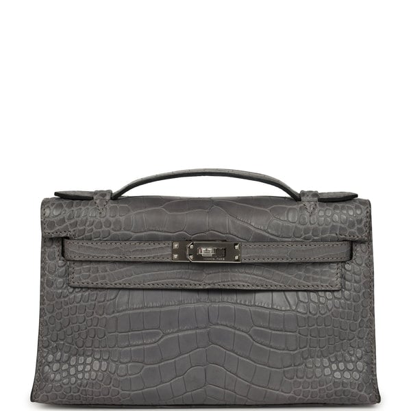 Pre-owned Hermes Kelly Pochette Gris Paris Matte Alligator Palladium Hardware