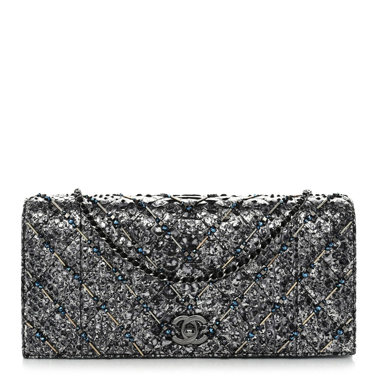 Chanel Metallic Snakeskin Quilted Beaded Chain Clutch Black Silver