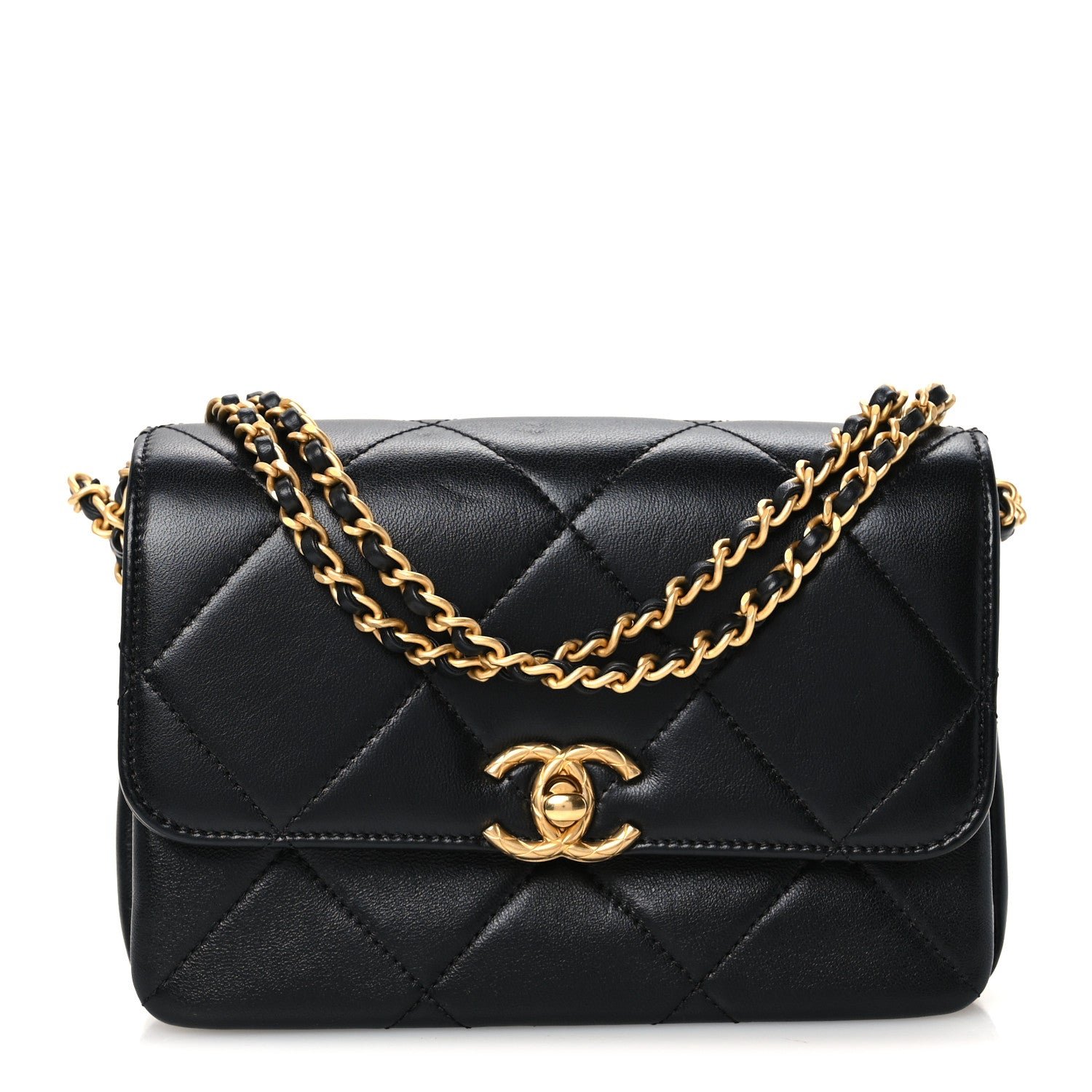 Chanel Lambskin Quilted Enamel Chain Logo Mini Flap Black
