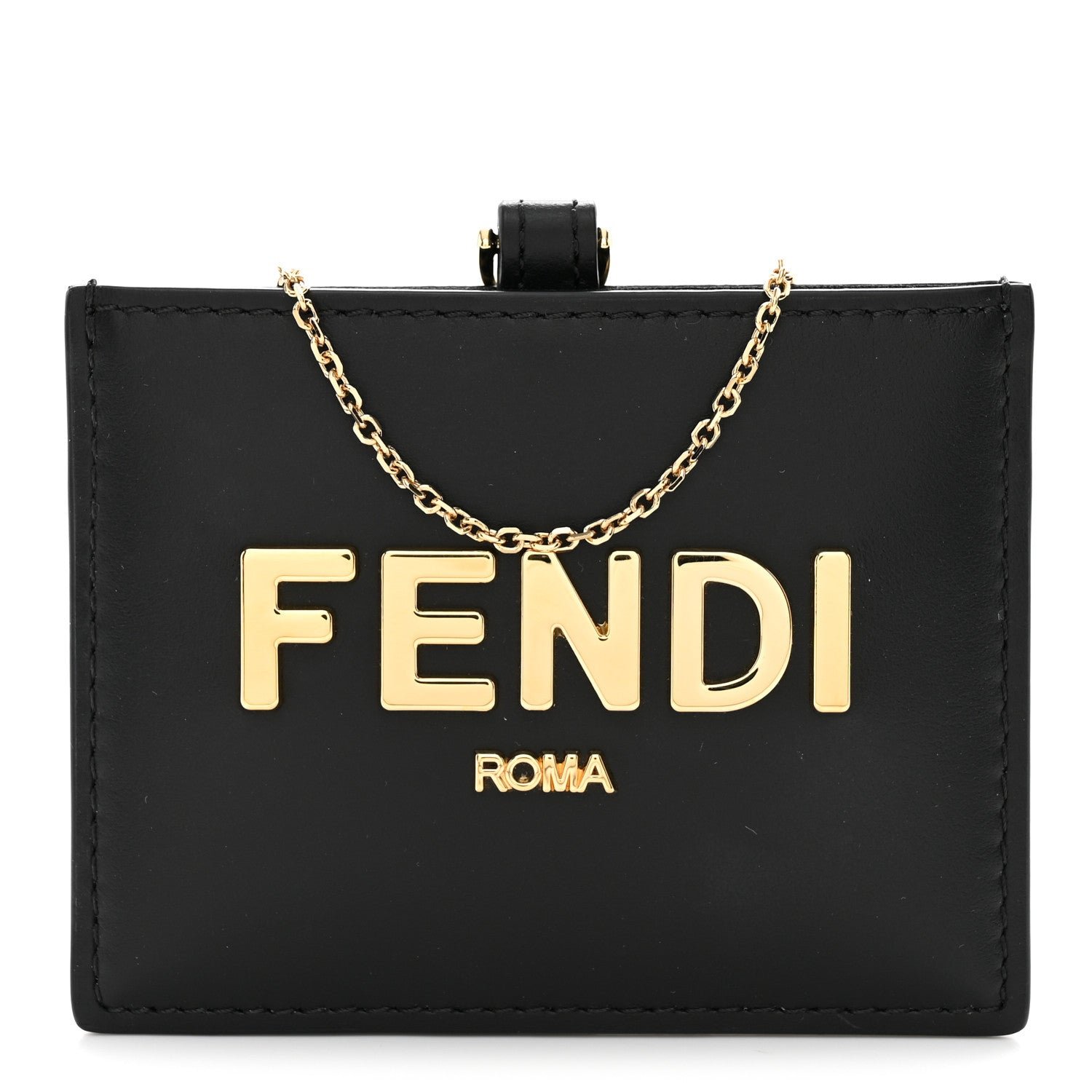 Fendi Vitello Kyoto Metal Fendi Roma Logo Badge Holder With Chain Black