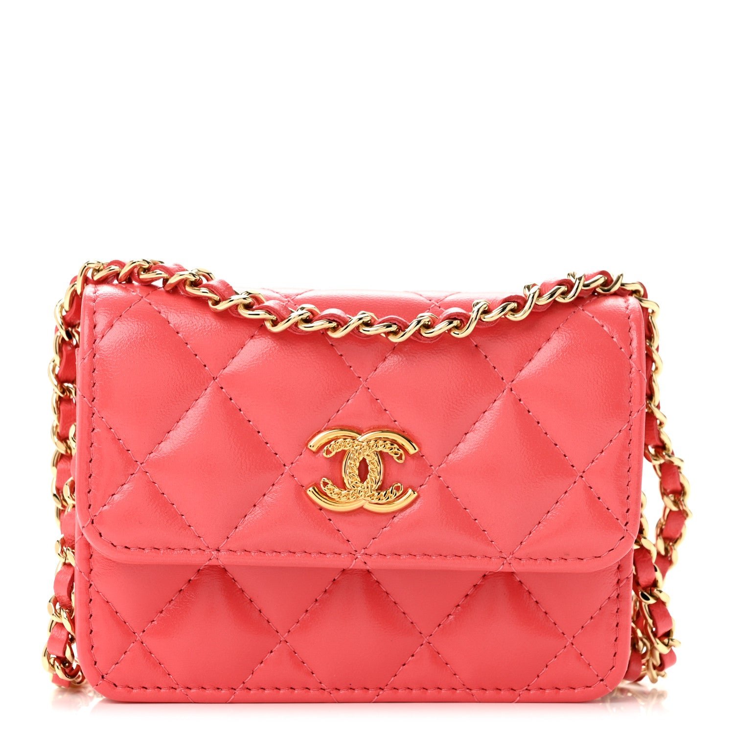 Chanel Shiny Lambskin Quilted Card Holder On Chain Pink