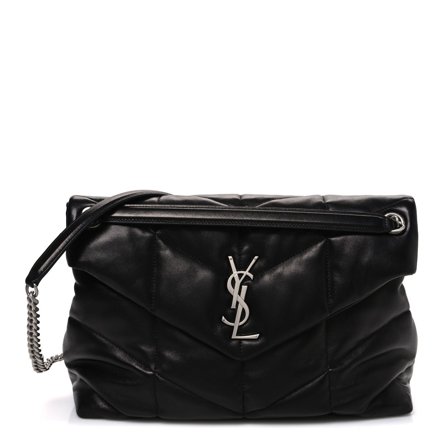 Saint Laurent Lambskin Quilted Medium Loulou Puffer Monogram Chain Satchel Black