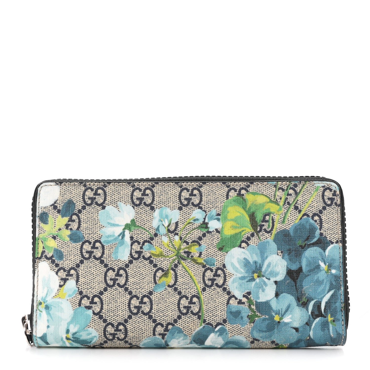 Gucci GG Supreme Monogram Blooms Zip Around Wallet Blue