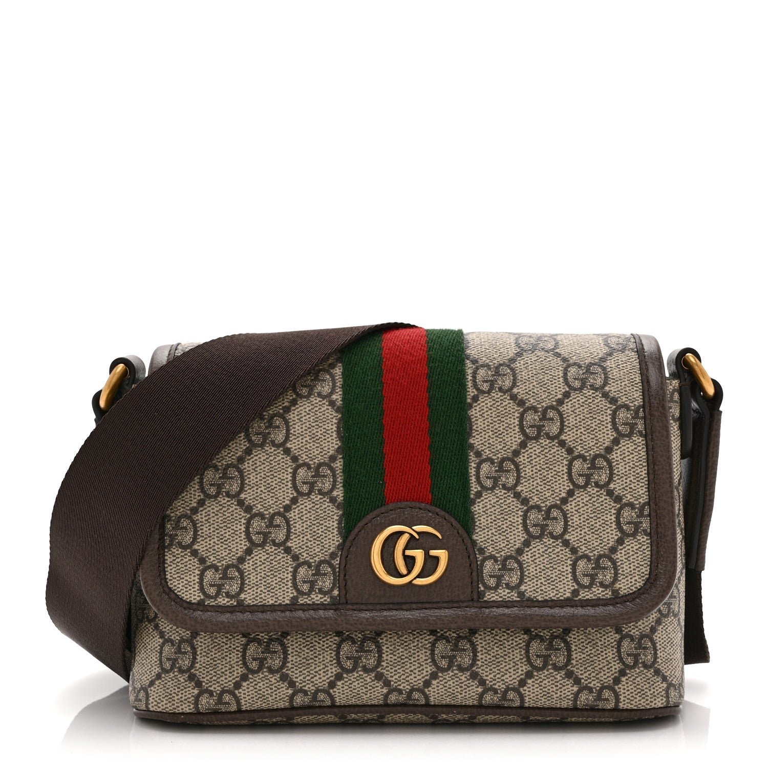 Gucci GG Supreme Monogram Textured Dollar Calfskin Web Mini Ophidia Shoulder Bag Beige Ebony New Acero
