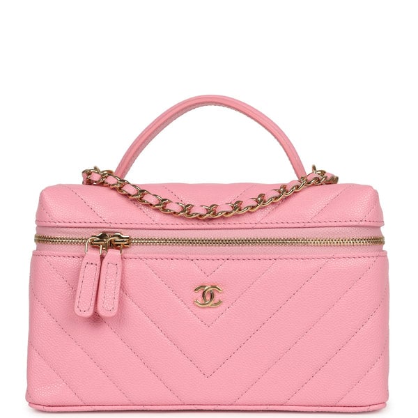 Chanel Sleek Chevron Top Handle Long Vanity Case with Chain Pink Shiny Caviar Gold Hardware
