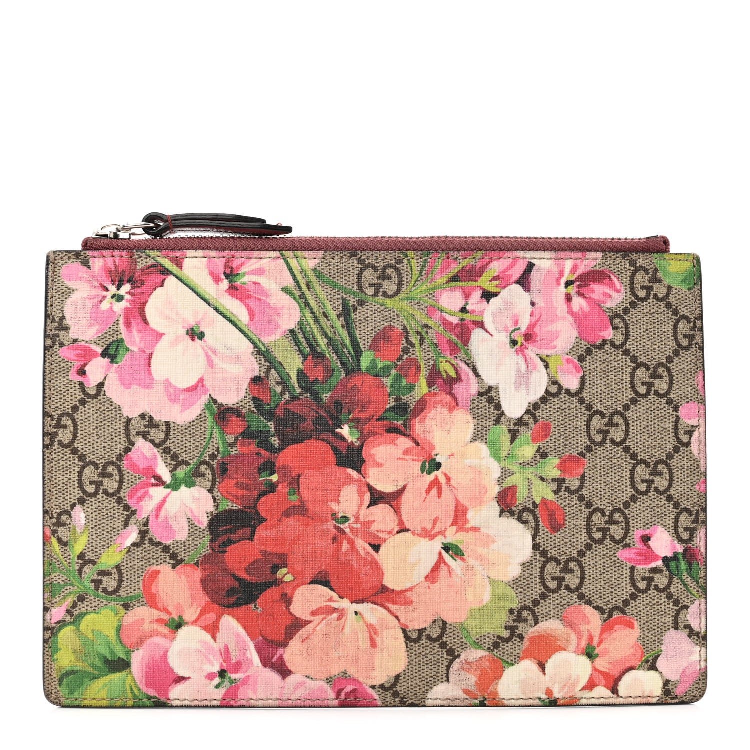 Gucci GG Supreme Monogram Blooms Small Zip Pouch Beige Multicolor Dry Rose