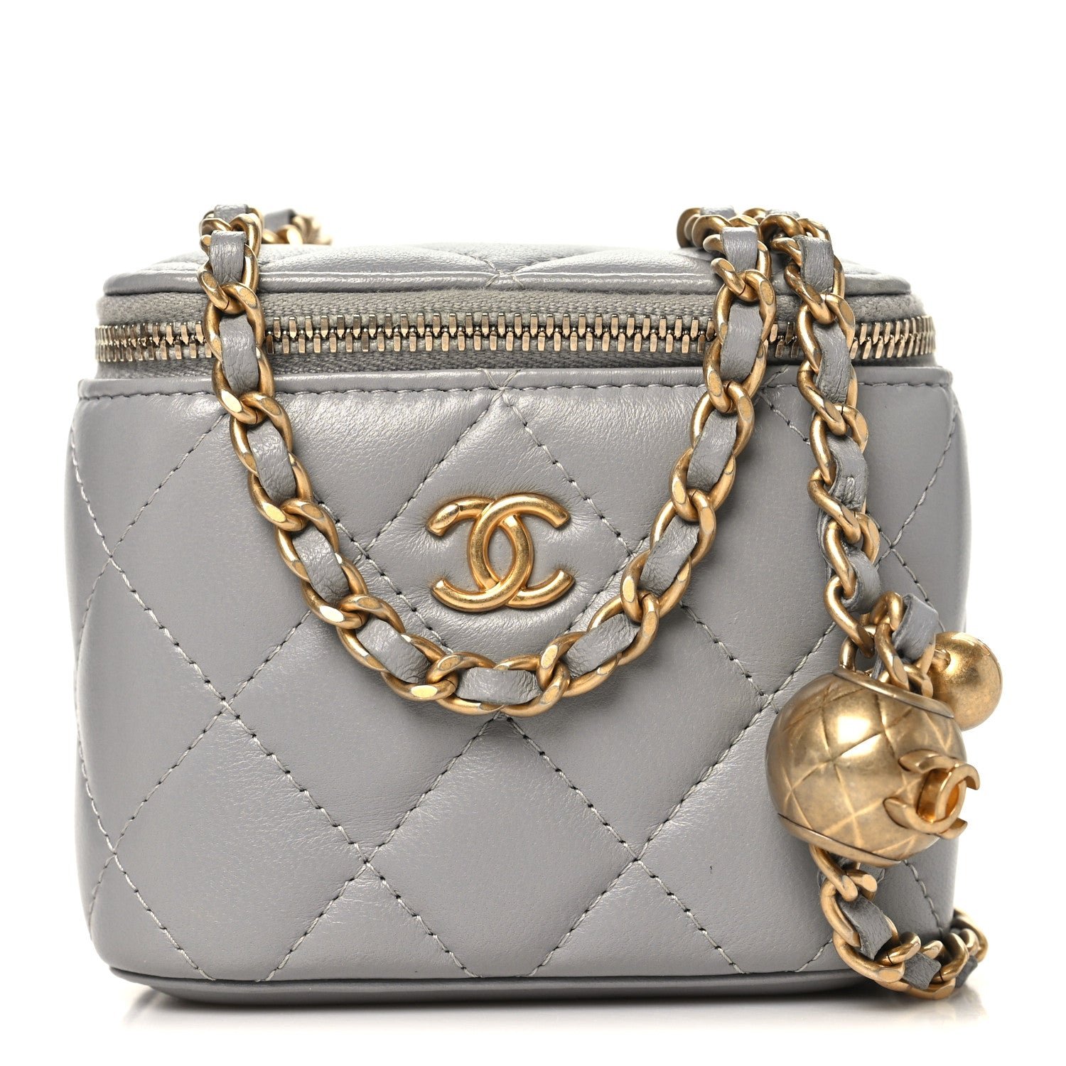 Chanel Lambskin Quilted Pearl Crush Mini Vanity Case With Chain Grey