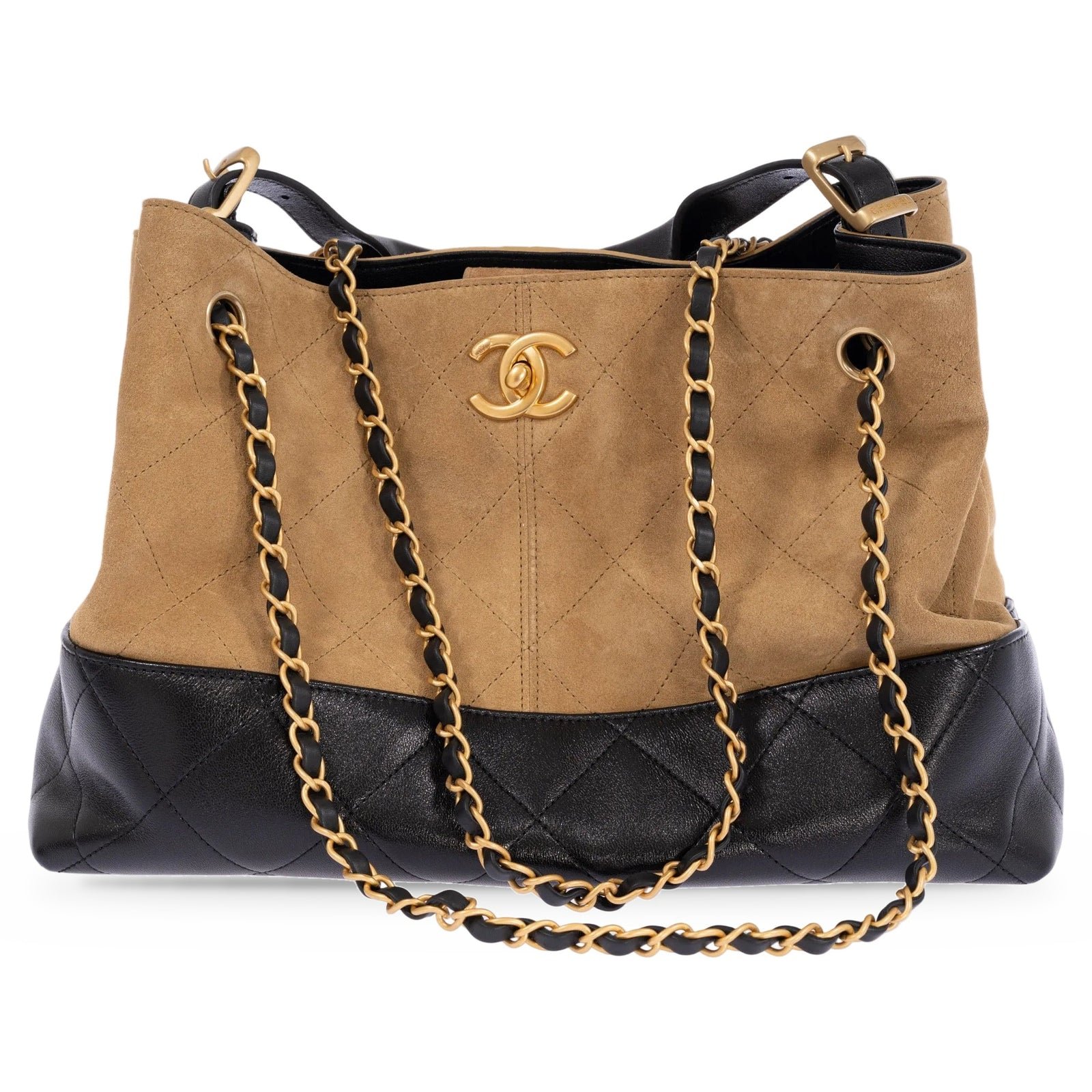 Chanel Small Coco Base Shopping Bag Beige Suede and Black Leather Gold Hardware