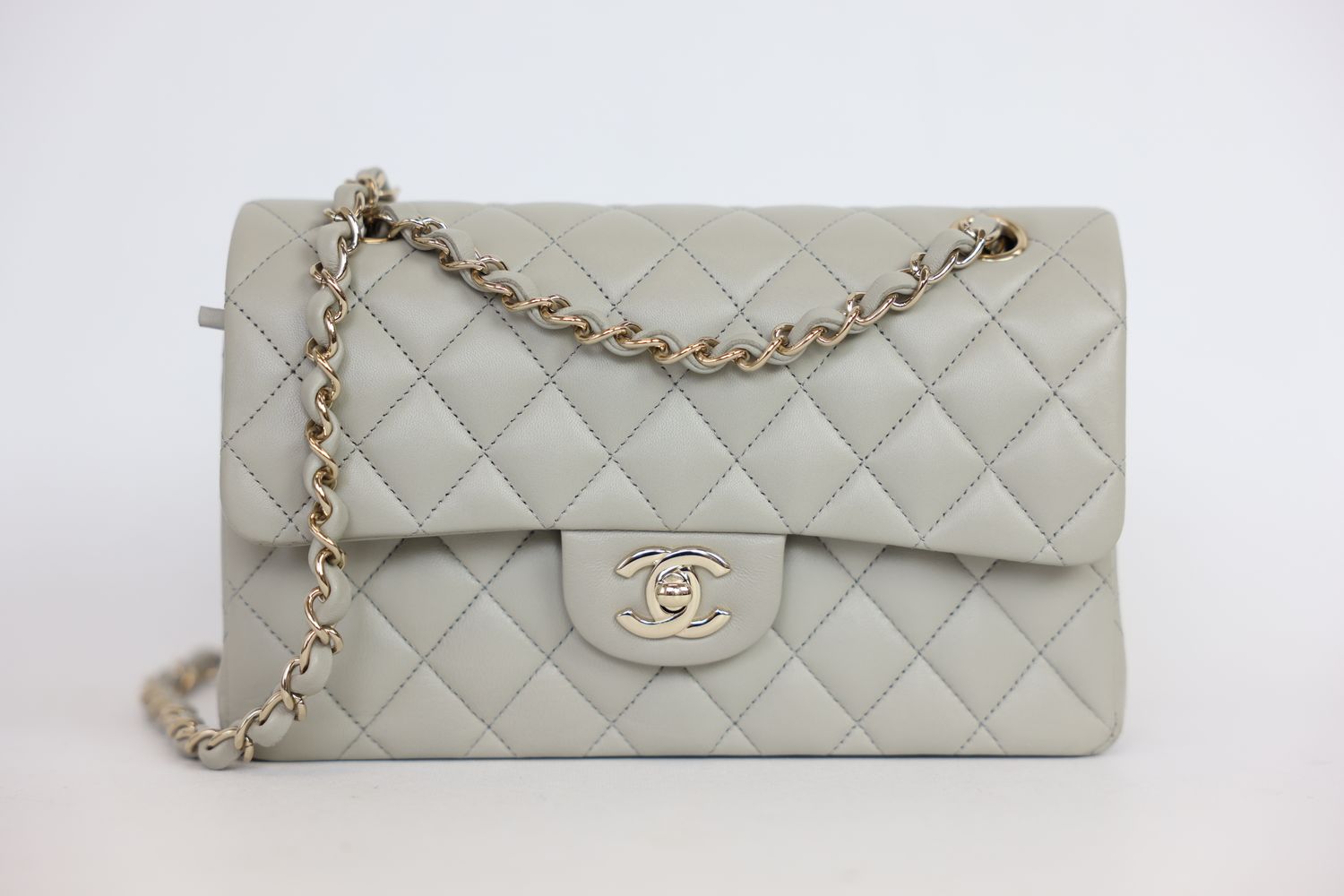 Chanel Classic Small Handbag, Gray Quilted Lambskin and Gold Hardware, Preowned in Box WA001
