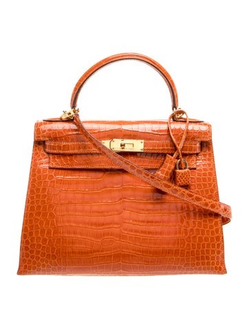 Hermes 2004 Shiny Porosus Crocodile Kelly II Sellier 28 w/Strap