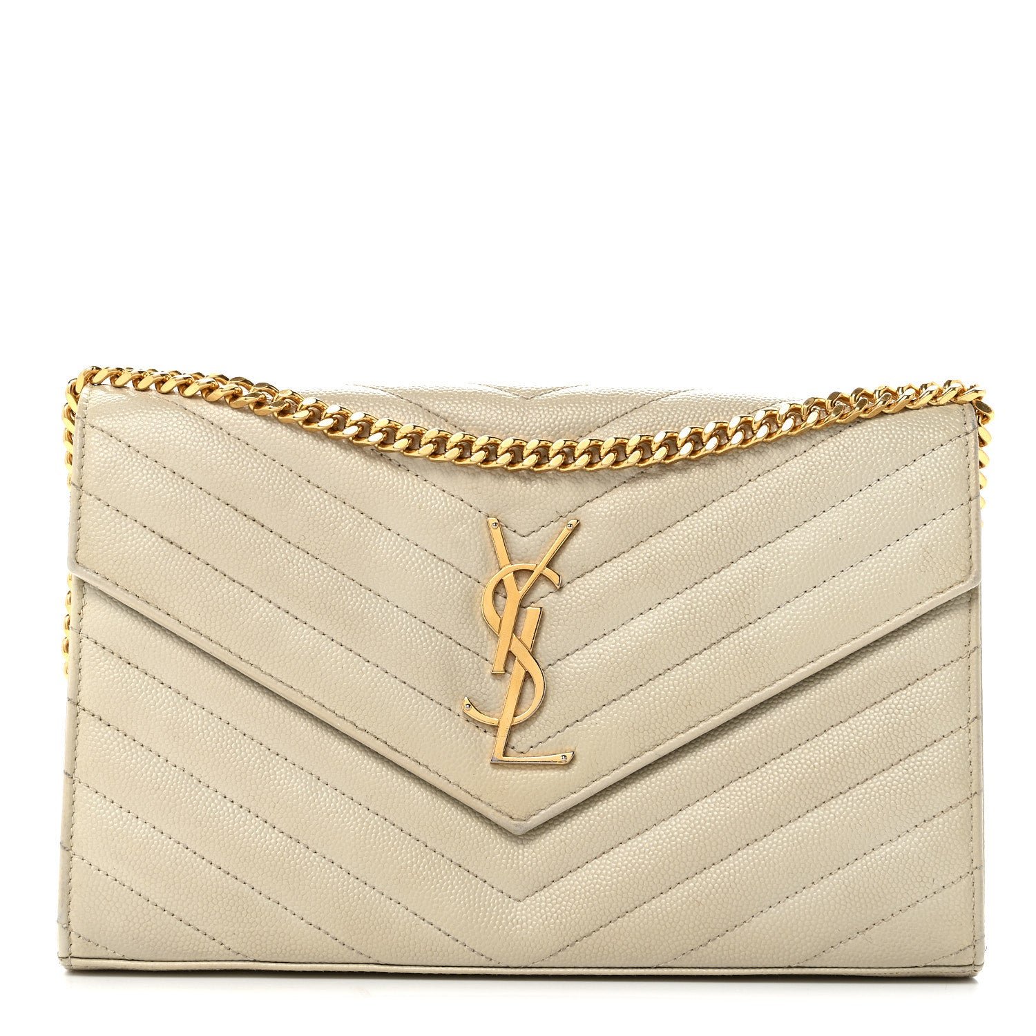 Saint Laurent Grain De Poudre Matelasse Chevron Monogram Chain Wallet Crema Soft