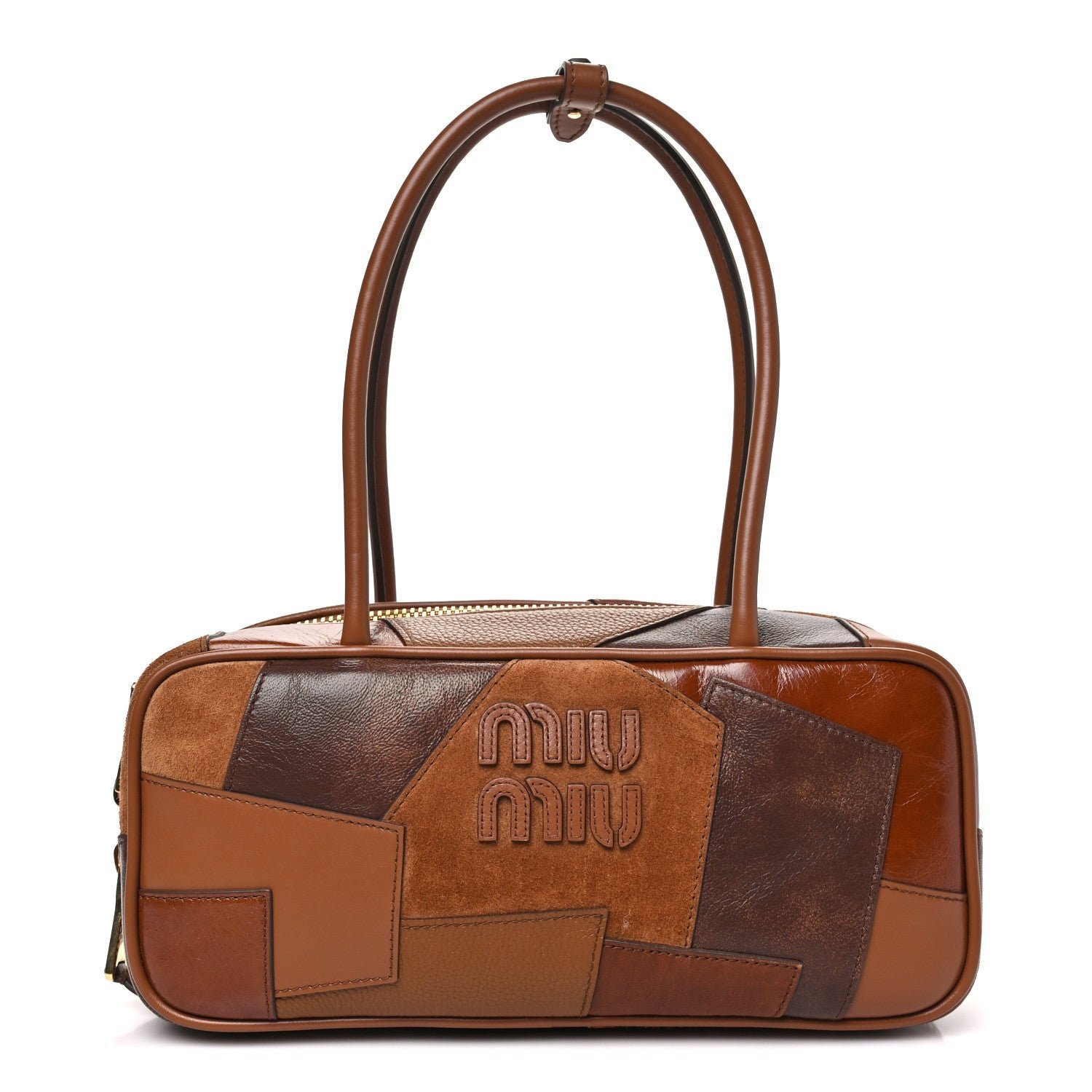 Miu Miu Nappa Patchwork Small Beau Top Handle Bag Cognac