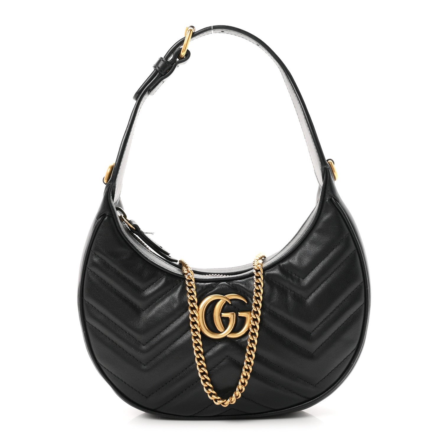 Gucci Calfskin Matelasse Chevron Mini GG Marmont Half Moon Hobo Black