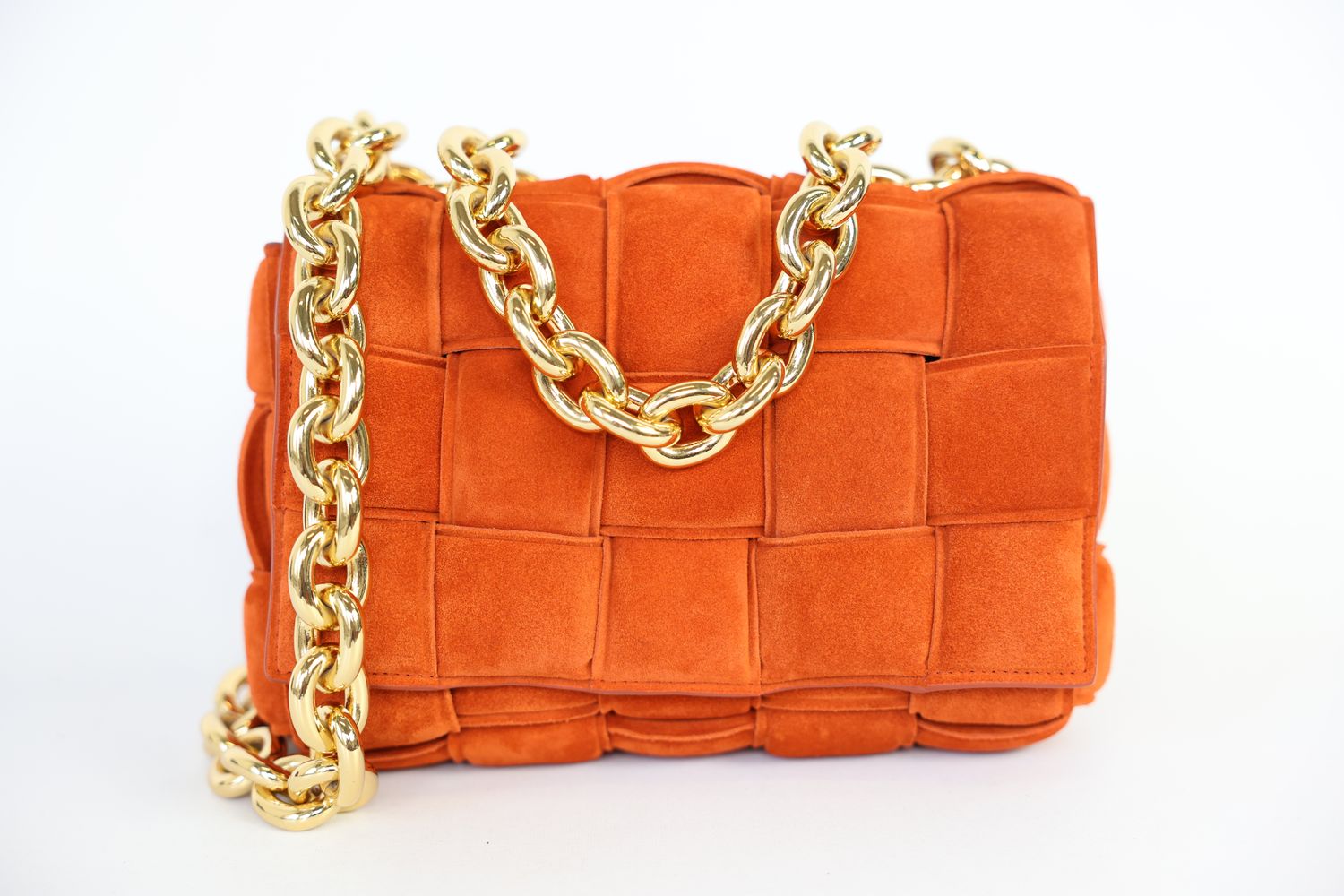 Bottega Veneta Bottega Veneta Cassette Chain Bag, Burnt Orange Maxi Intrecciato Suede and Gold Hardware, Preowned in Dustbag WA001