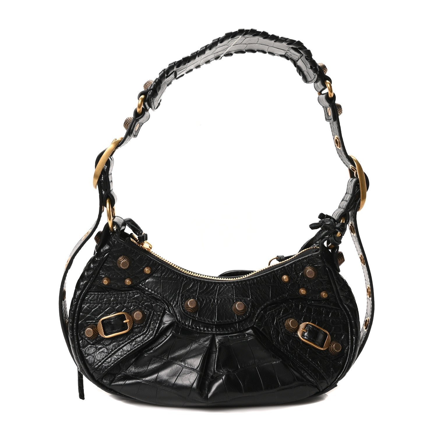 Balenciaga Extra Supple Calfskin Crocodile Embossed Le Cagole Shoulder Bag XS Black