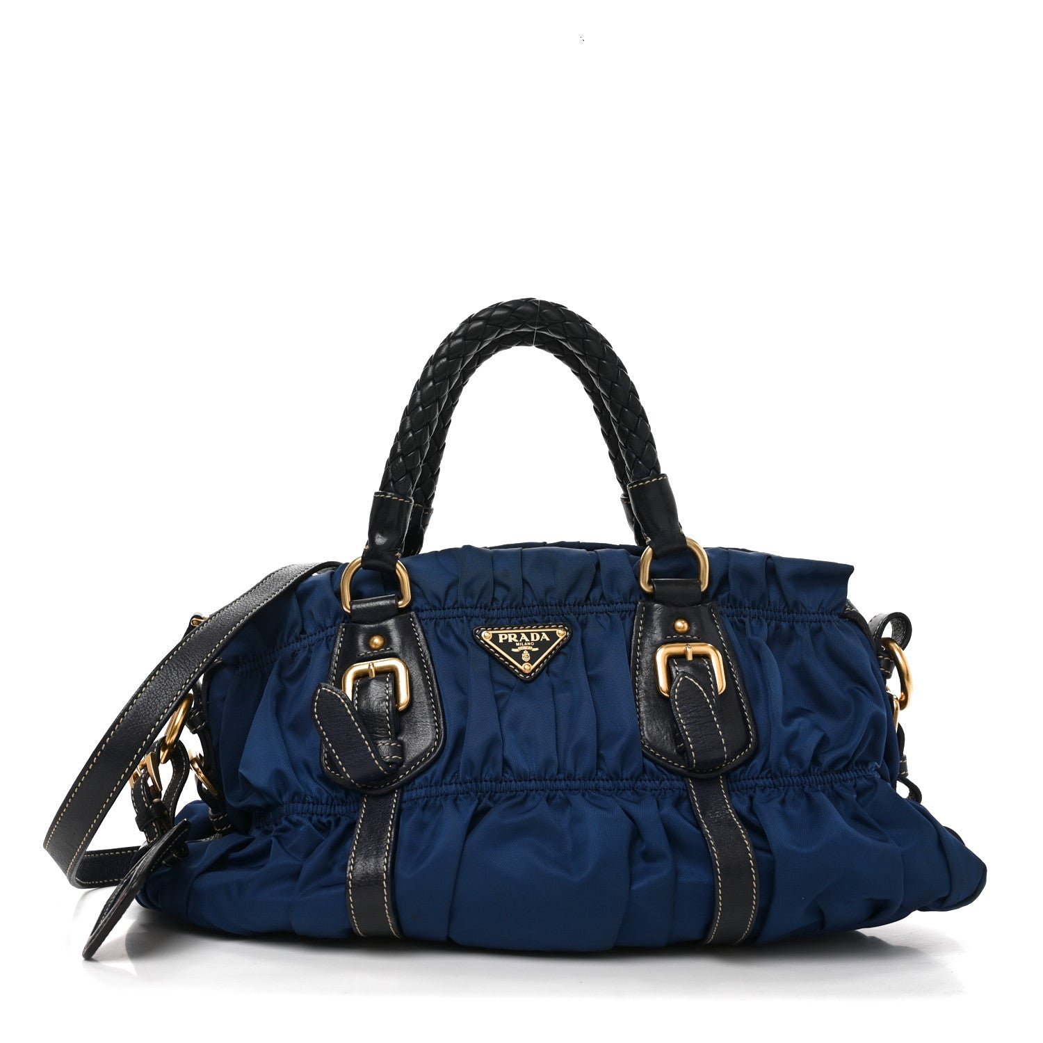 Prada Tessuto Nylon Nappa Braided Gaufre Shoulder Bag Bluette