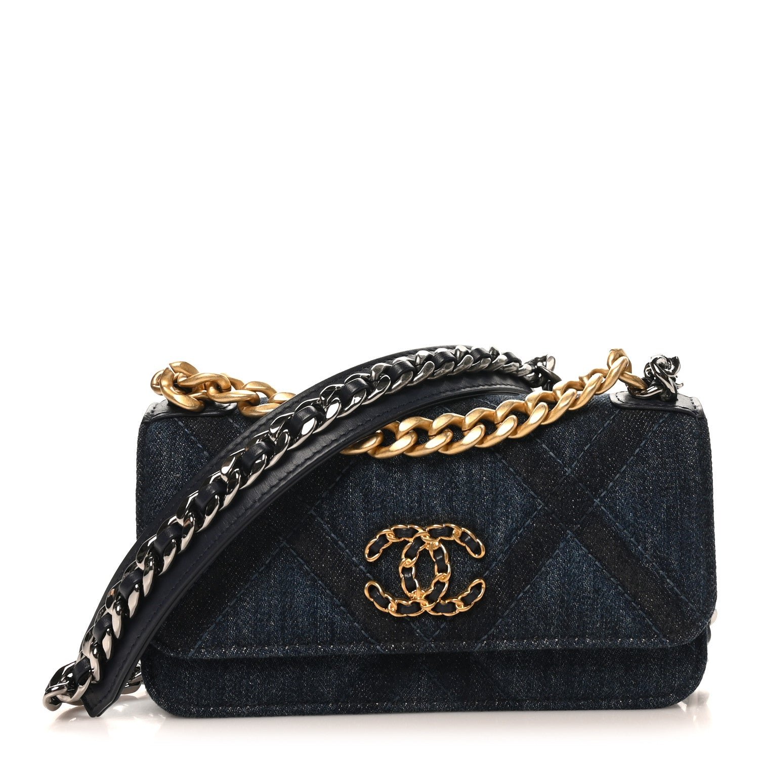 Chanel Denim Quilted Chanel 19 Flap Phone Holder With Chain Blue