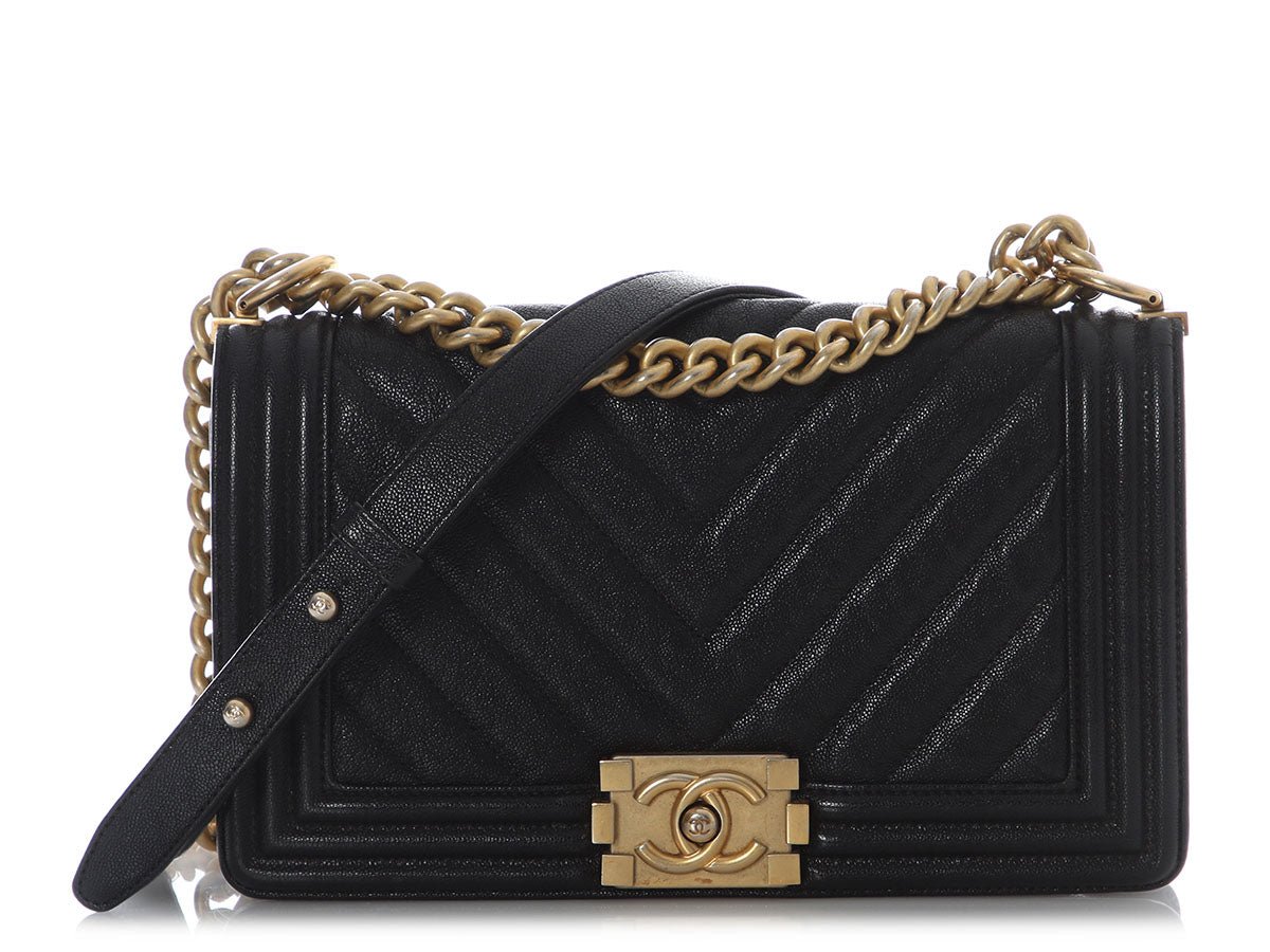 Chanel Old Medium Black Chevron-Quilted Caviar Boy Bag