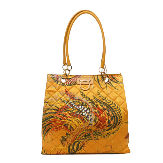 Salvatore Ferragamo Silk Quilted Printed Gancini Tote Gold Multicolor