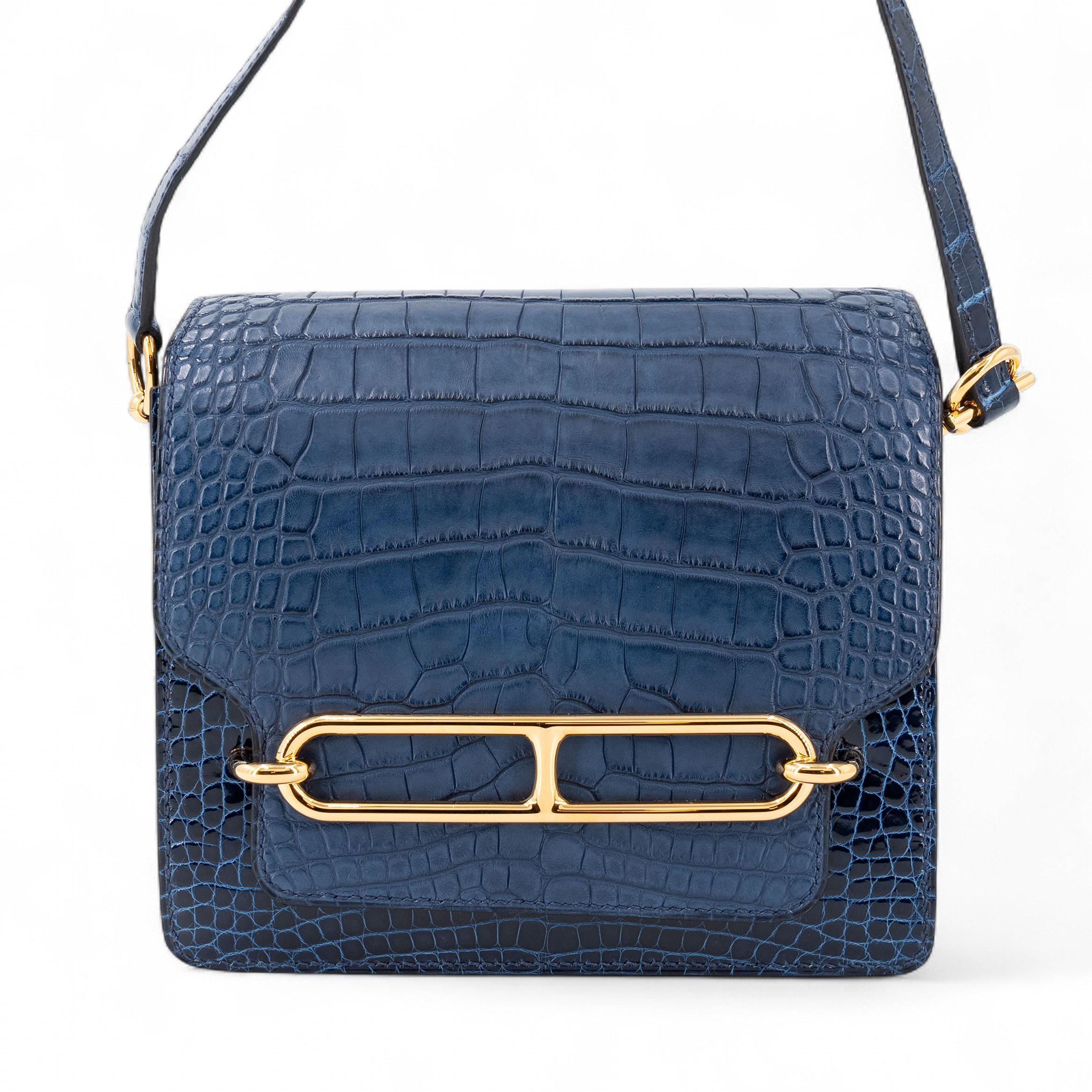 Hermes Very Good ( Rank A) HERMÈS Roulis Mini Bleu Saphir (73) Matte Alligator Shiny Alligator Gold hardware D (2019)