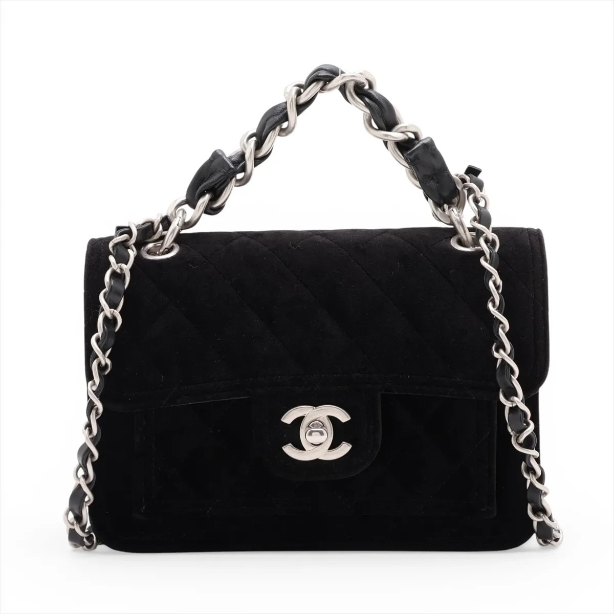 Chanel French Riviera velvet x lambskin 2 Way Shoulder Bag Black Silver Metal Fi