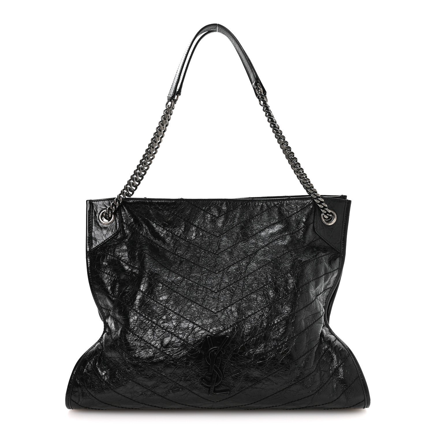 Saint Laurent Crinkled Calfskin Matelasse Monogram Medium Niki Shopper Tote Black